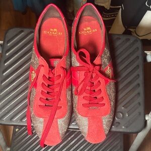 Coach Red and Gold Lace-Up Sneakers